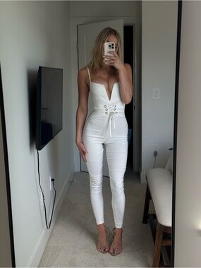 White Lace-Up V-Neck Women's Jumpsuit
